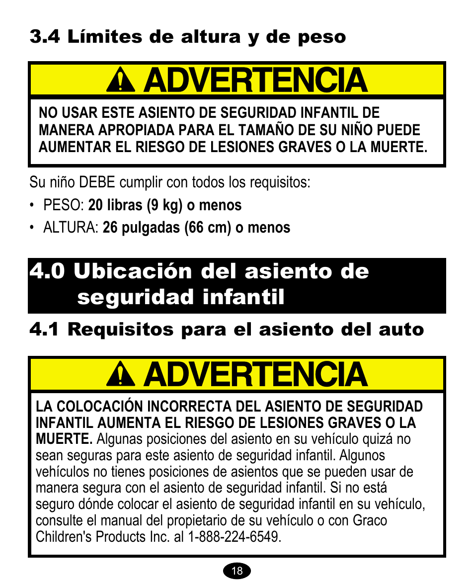 0 ubicación del asiento de seguridad infantil, 4 límites de altura y de peso, 1 requisitos para el asiento del auto | Graco Baby Carrier User Manual | Page 59 / 82