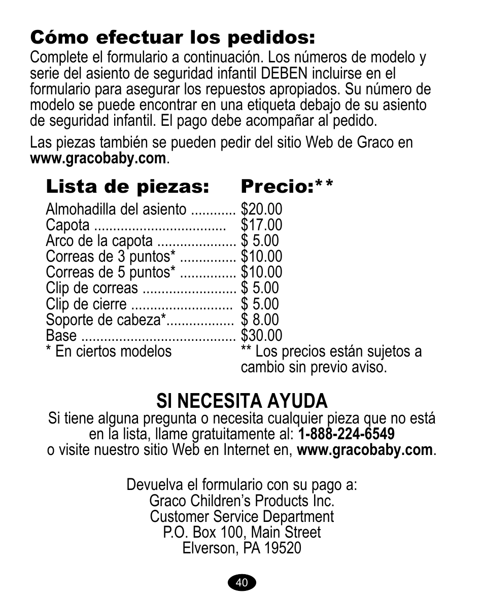 Si necesita ayuda, Cómo efectuar los pedidos, Lista de piezas | Precio | Graco Baby Carrier User Manual | Page 81 / 82