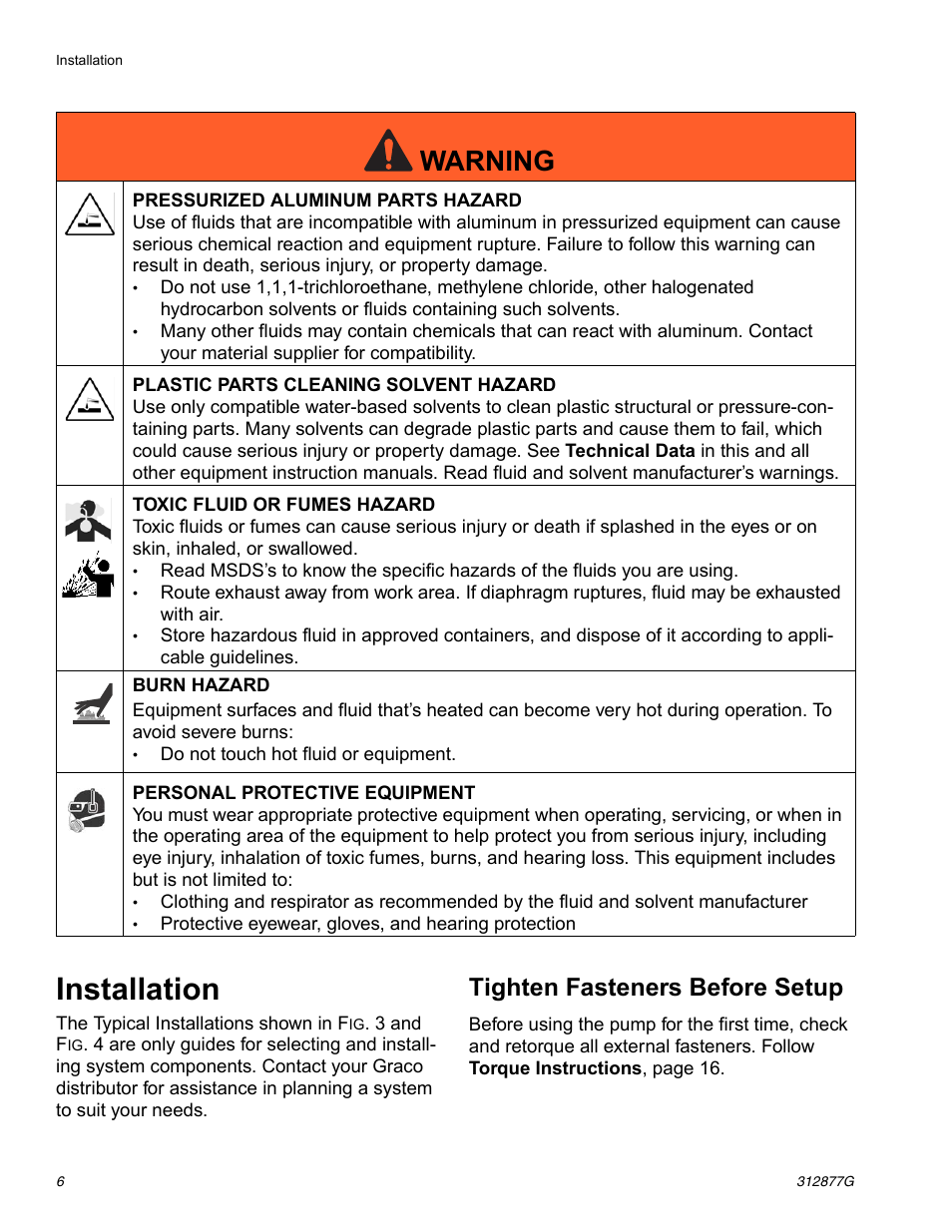 Installation, Tighten fasteners before setup, Warning | Graco HUSKY 312877C User Manual | Page 6 / 24