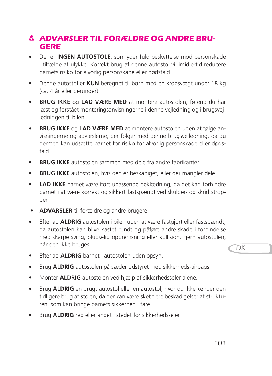 Advarsler til forældre og andre bru- gere | Graco 8H98 User Manual | Page 101 / 140