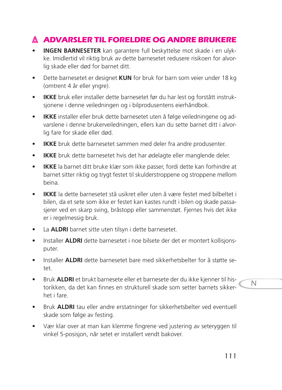 Advarsler til foreldre og andre brukere | Graco 8H98 User Manual | Page 111 / 140