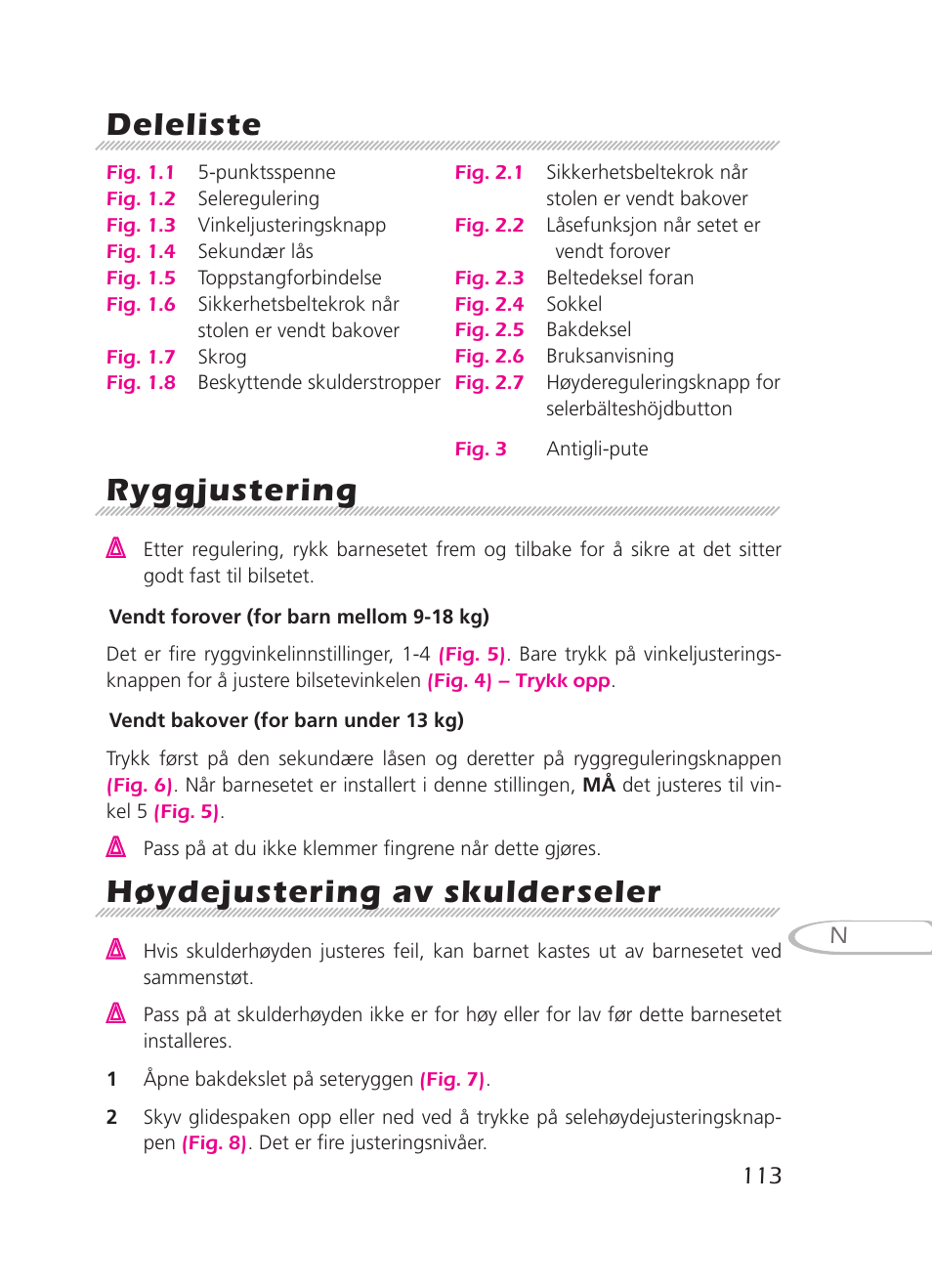 Deleliste, Ryggjustering, Høydejustering av skulderseler | Graco 8H98 User Manual | Page 113 / 140