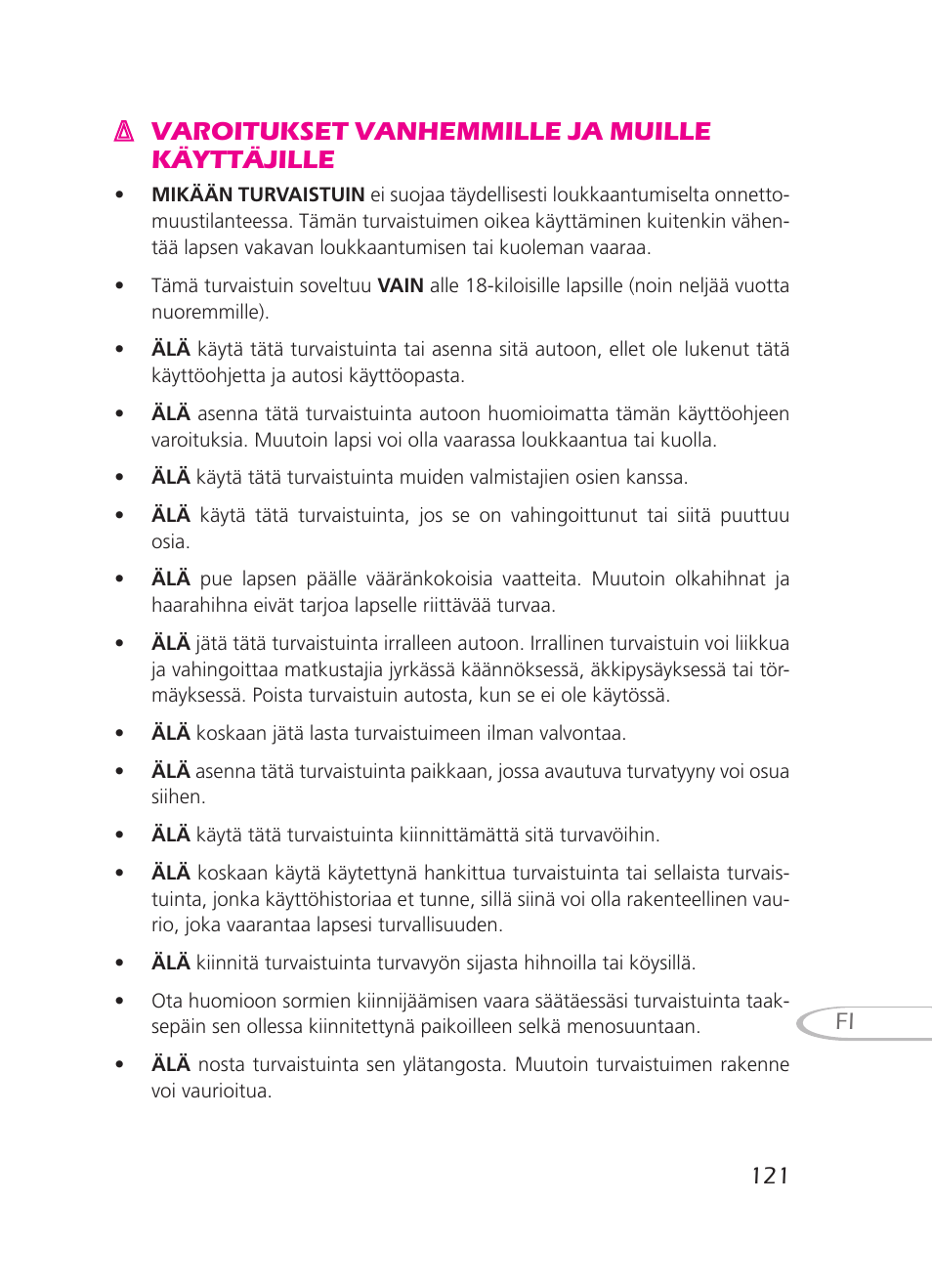 Varoitukset vanhemmille ja muille käyttäjille | Graco 8H98 User Manual | Page 121 / 140