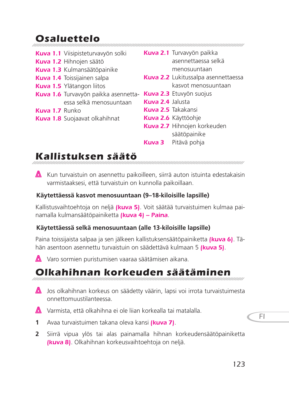 Osaluettelo, Kallistuksen säätö, Olkahihnan korkeuden säätäminen | Graco 8H98 User Manual | Page 123 / 140