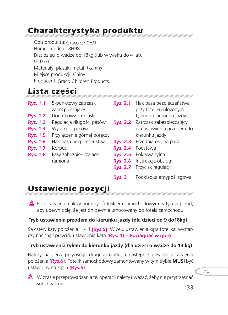 Charakterystyka produktu, Lista cz, Ustawienie pozycji | Graco 8H98 User Manual | Page 133 / 140