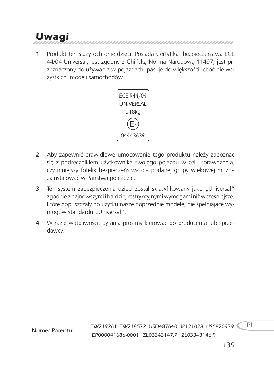 Uwagi | Graco 8H98 User Manual | Page 139 / 140