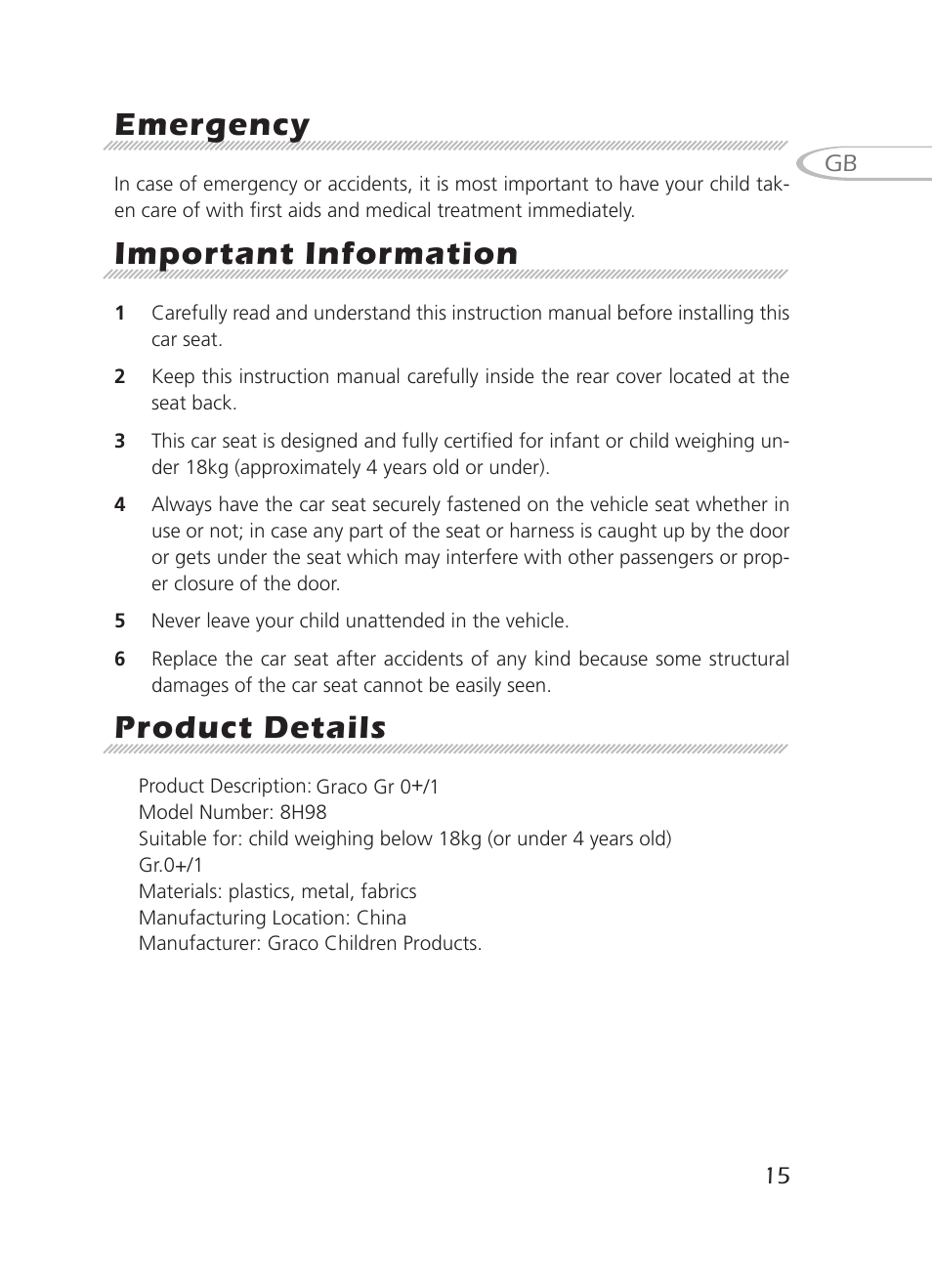 Emergency, Important information, Product details | Graco 8H98 User Manual | Page 15 / 140