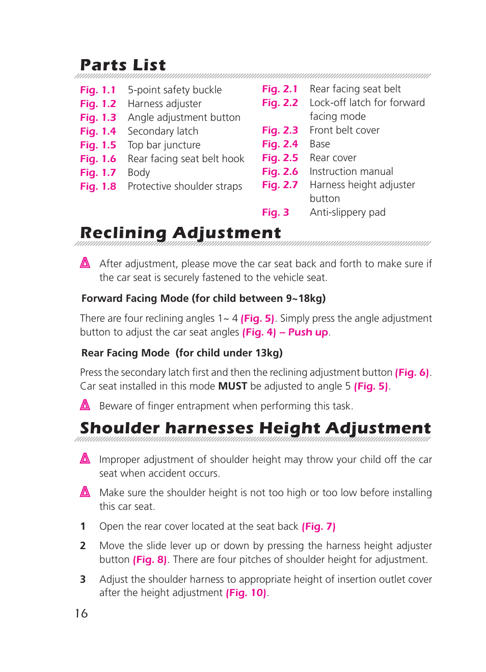 Parts list, Reclining adjustment, Shoulder harnesses height adjustment | Graco 8H98 User Manual | Page 16 / 140