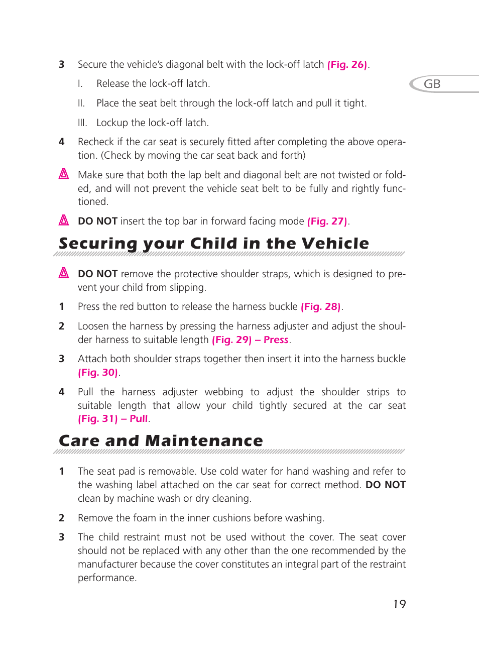 Securing your child in the vehicle, Care and maintenance | Graco 8H98 User Manual | Page 19 / 140