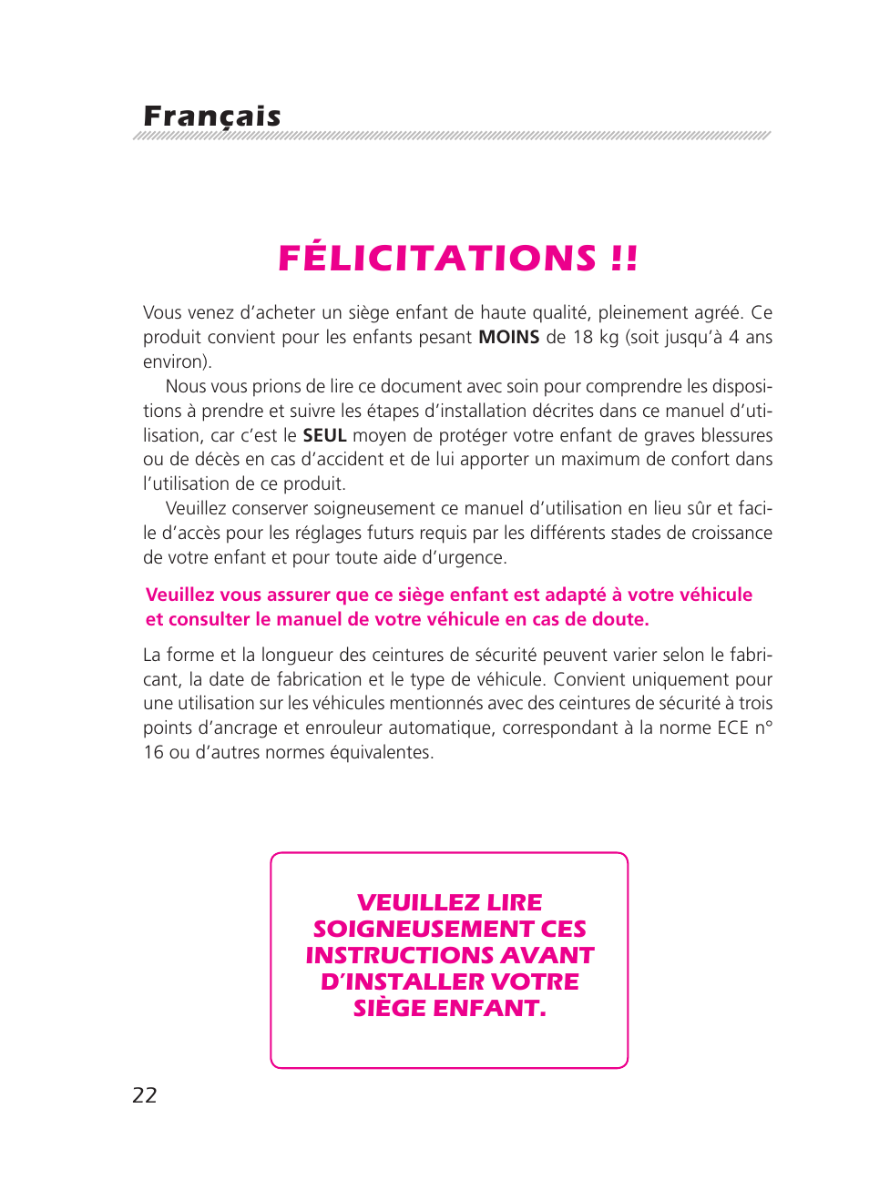 Félicitations, Français | Graco 8H98 User Manual | Page 22 / 140