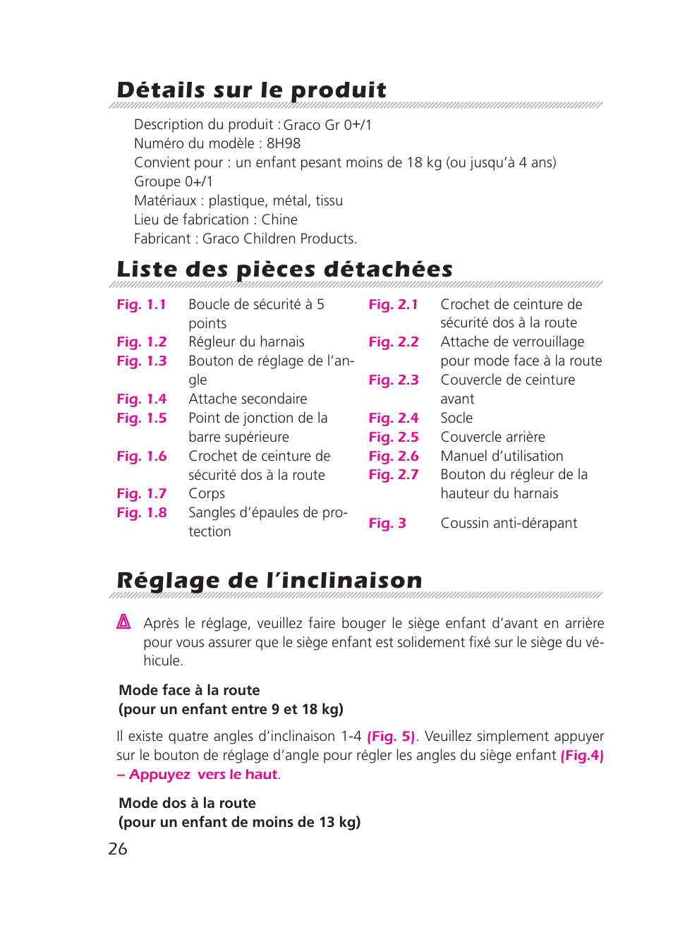 Détails sur le produit, Liste des pièces détachées, Réglage de l’inclinaison | Graco 8H98 User Manual | Page 26 / 140