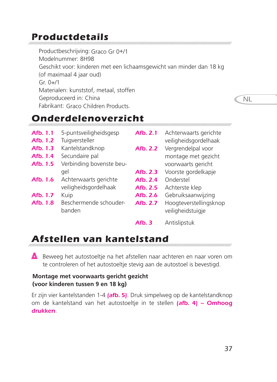 Productdetails, Onderdelenoverzicht, Afstellen van kantelstand | Graco 8H98 User Manual | Page 37 / 140