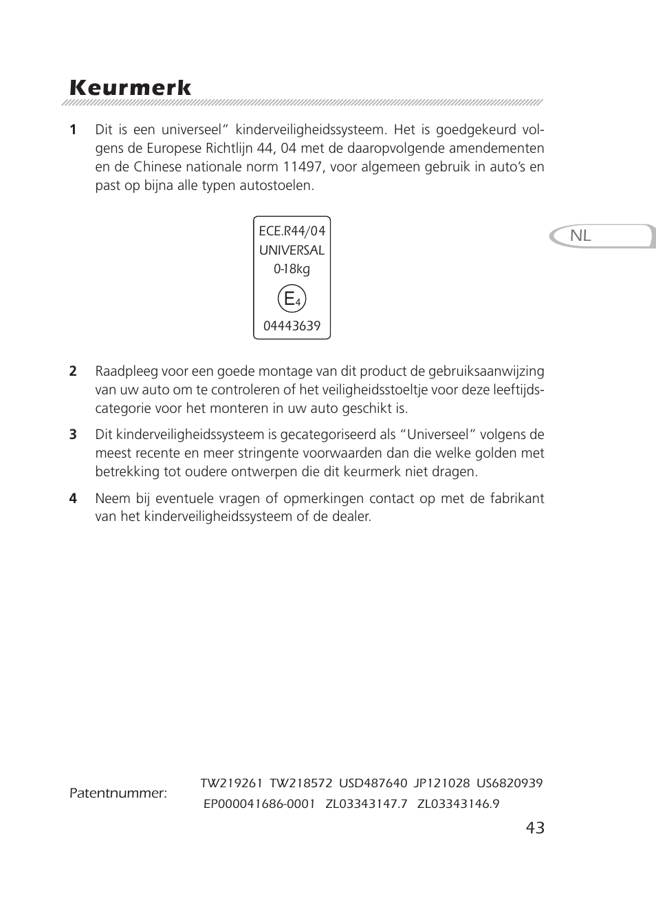 Keurmerk | Graco 8H98 User Manual | Page 43 / 140