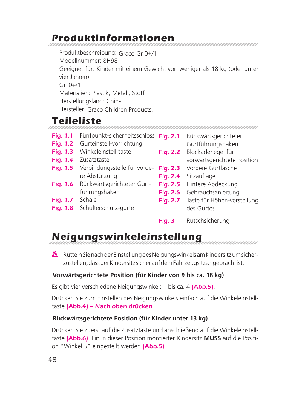Produktinformationen, Teileliste, Neigungswinkeleinstellung | Graco 8H98 User Manual | Page 48 / 140