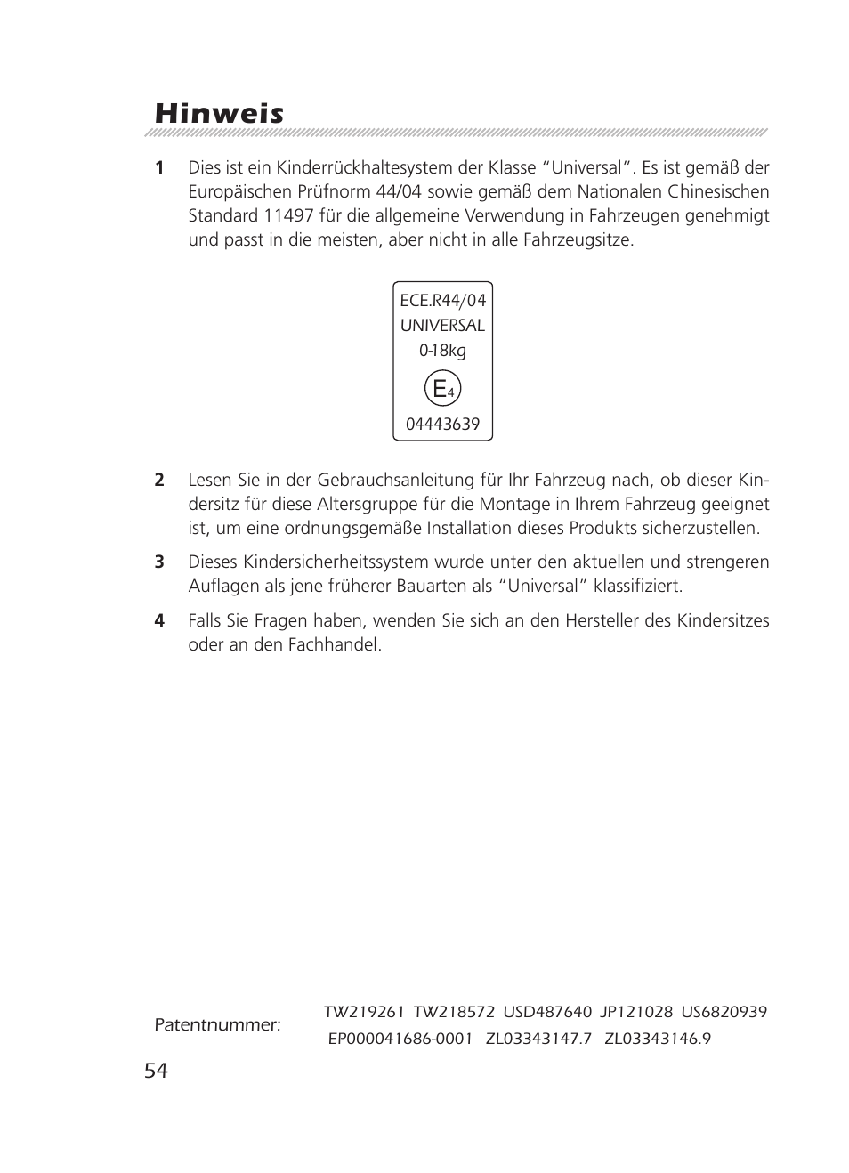 Hinweis | Graco 8H98 User Manual | Page 54 / 140