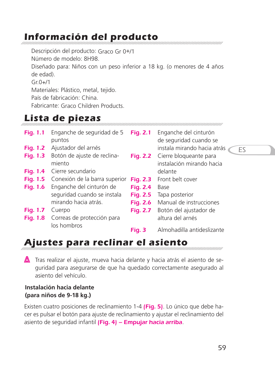 Información del producto, Lista de piezas, Ajustes para reclinar el asiento | Graco 8H98 User Manual | Page 59 / 140