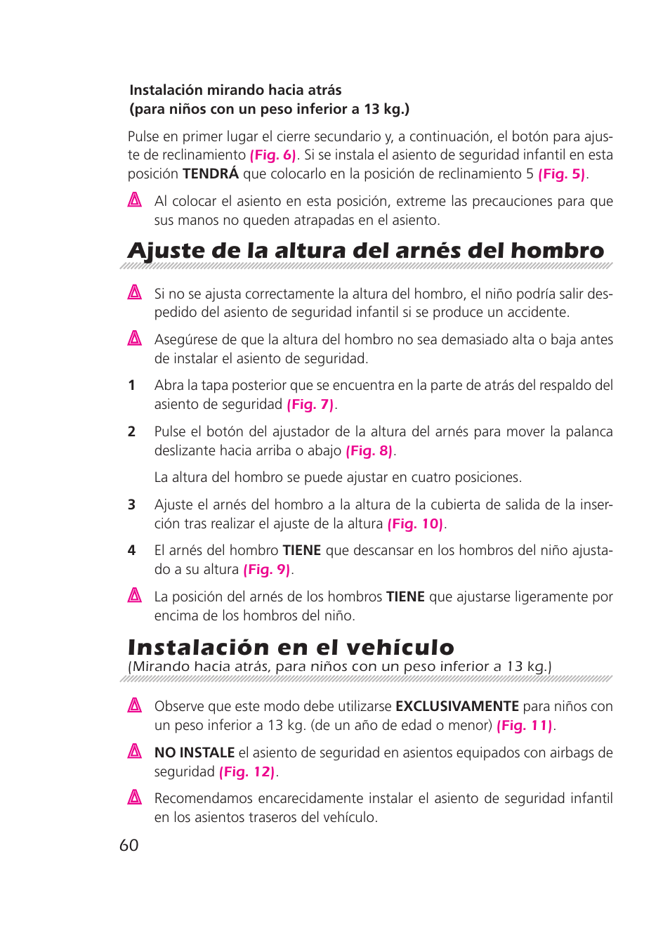 Ajuste de la altura del arnés del hombro, Instalación en el vehículo | Graco 8H98 User Manual | Page 60 / 140