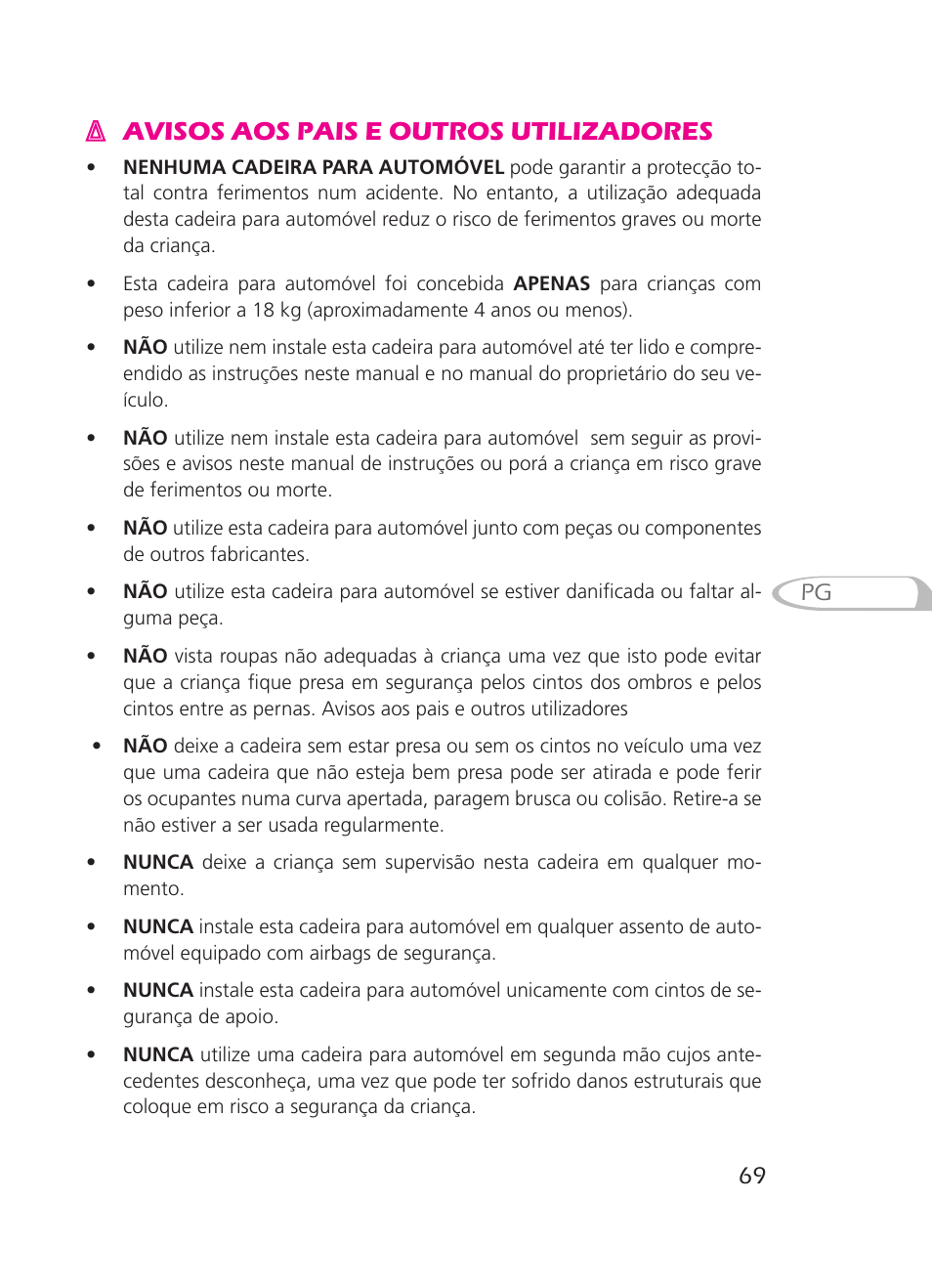 Avisos aos pais e outros utilizadores | Graco 8H98 User Manual | Page 69 / 140