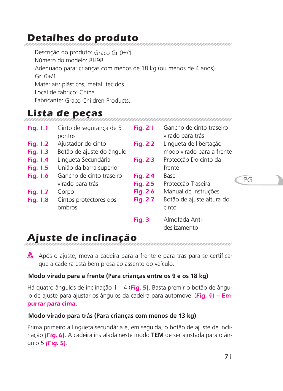 Detalhes do produto, Lista de peças, Ajuste de inclinação | Graco 8H98 User Manual | Page 71 / 140