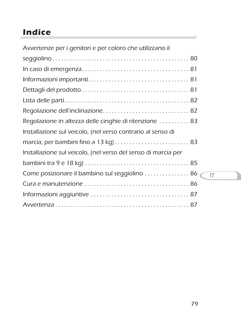 Indice | Graco 8H98 User Manual | Page 79 / 140