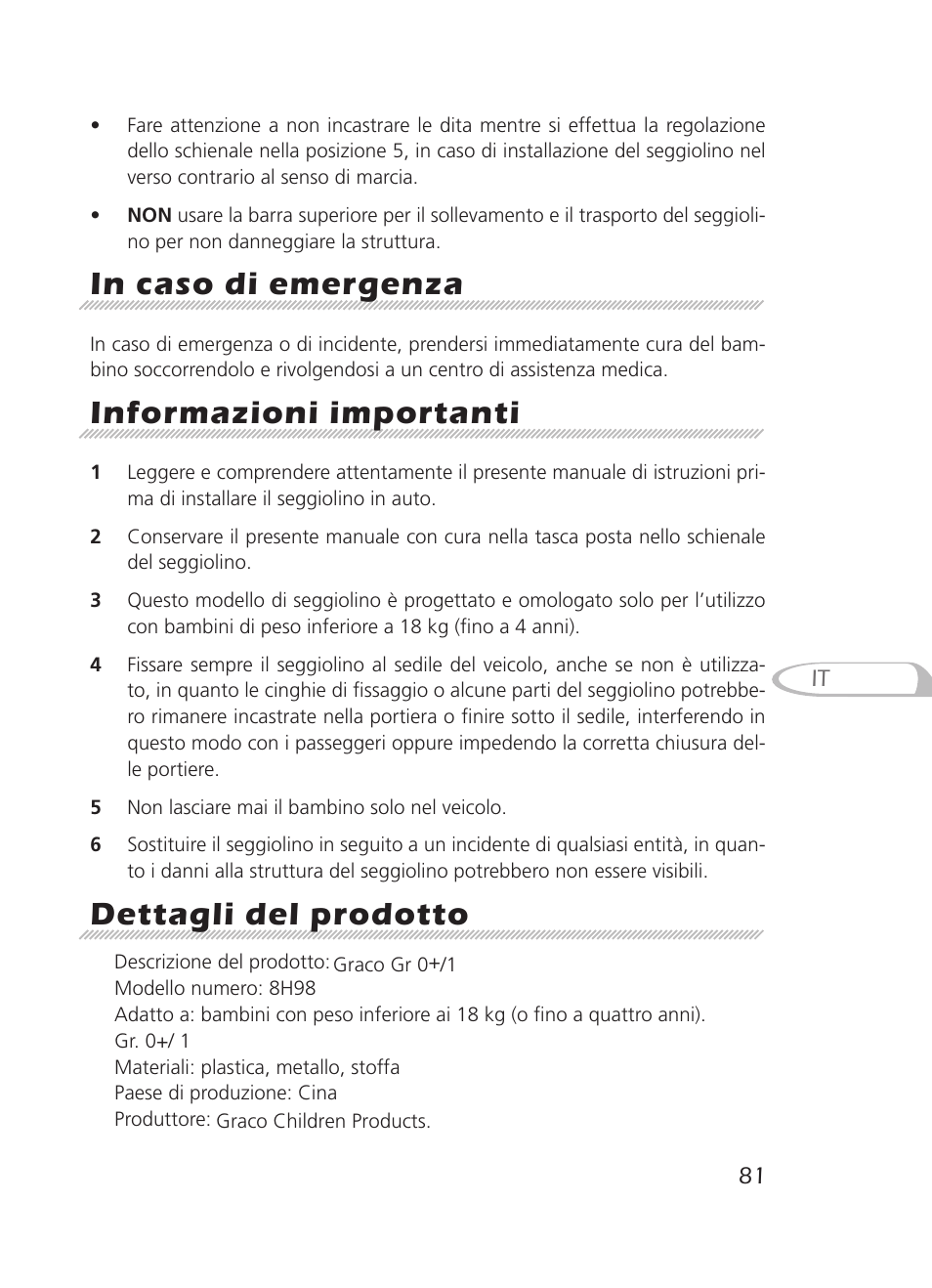 Informazioni importanti, Dettagli del prodotto | Graco 8H98 User Manual | Page 81 / 140