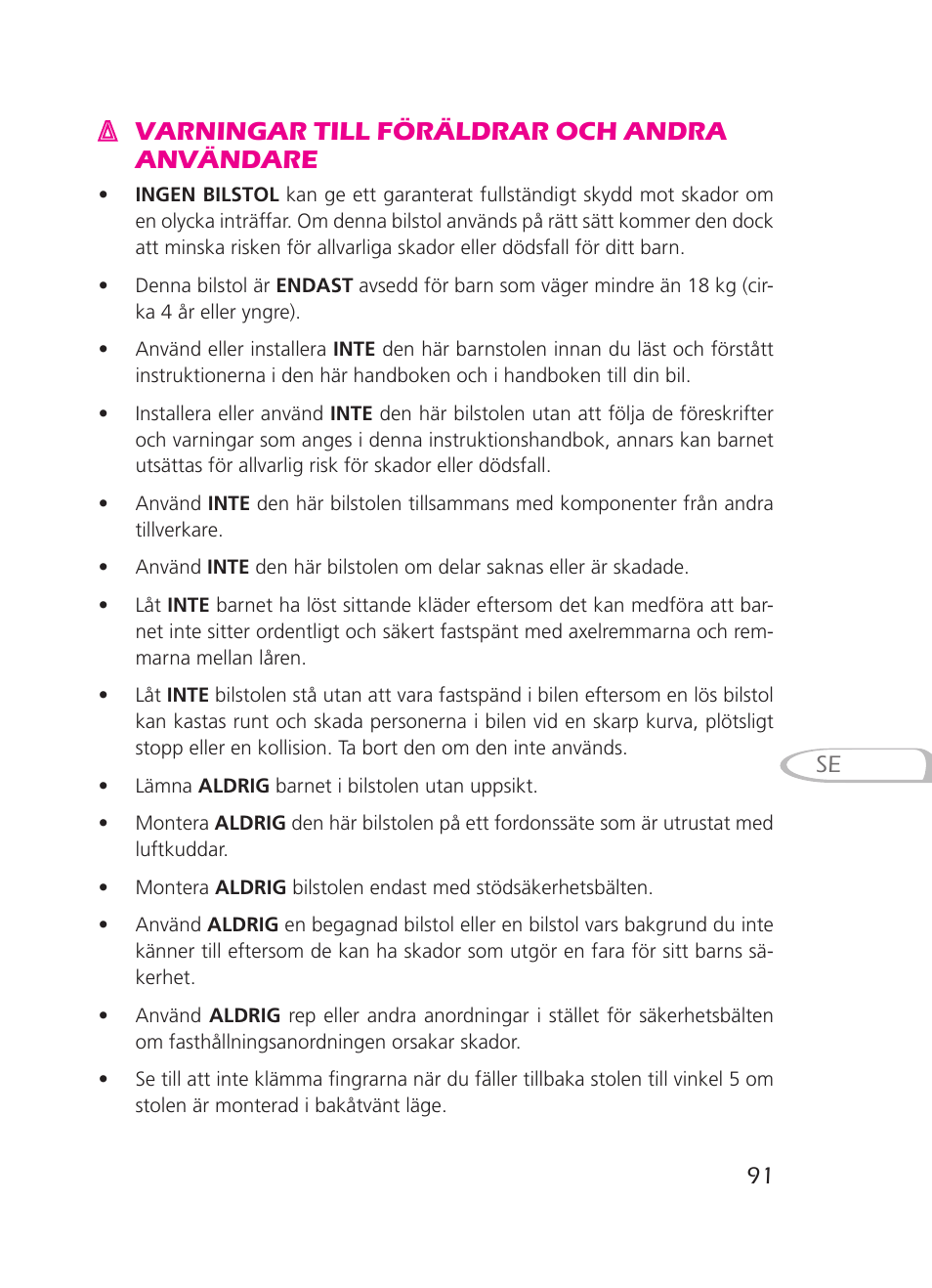 Varningar till föräldrar och andra användare | Graco 8H98 User Manual | Page 91 / 140