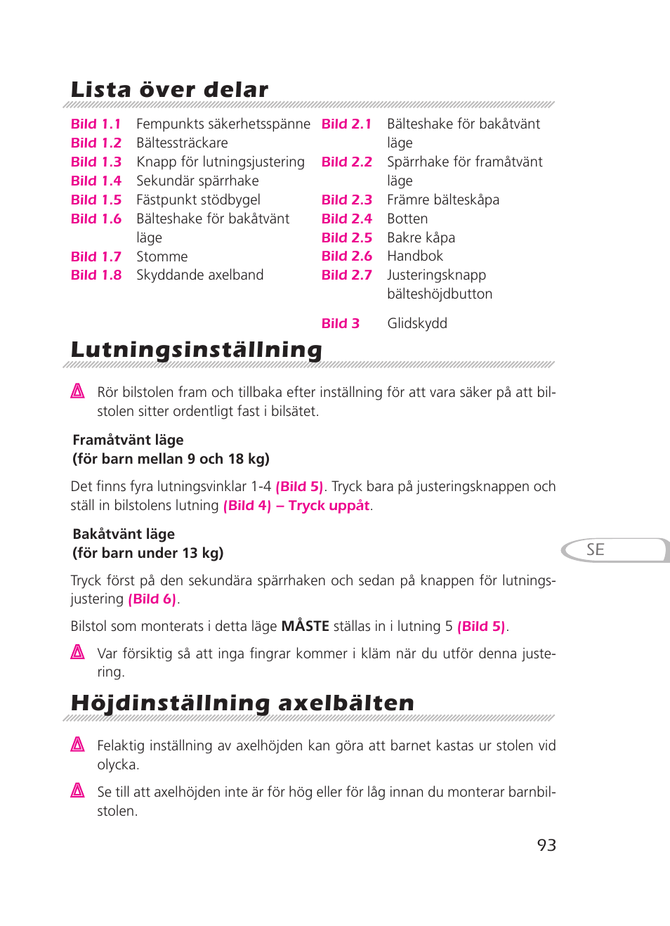 Lista över delar, Lutningsinställning, Höjdinställning axelbälten | Graco 8H98 User Manual | Page 93 / 140