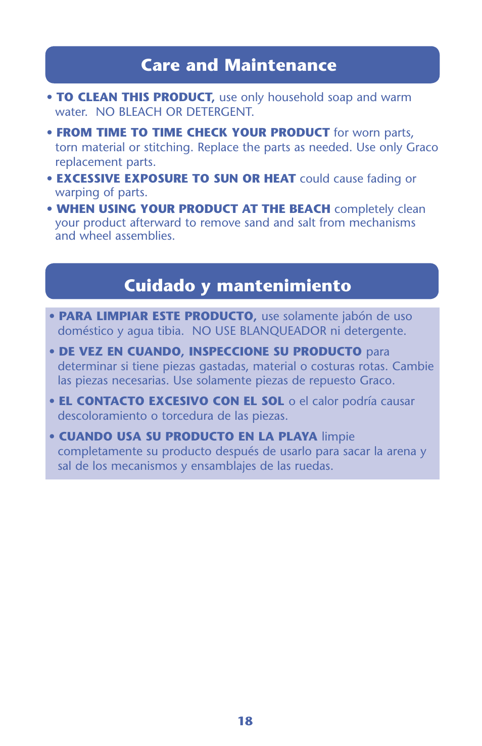 Care and maintenance, Cuidado y mantenimiento | Graco 32 User Manual | Page 18 / 100