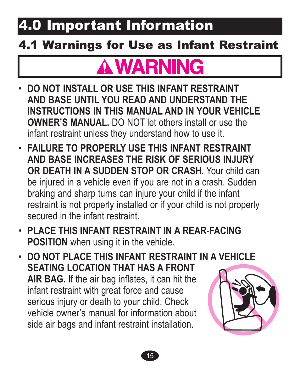 0 important information, 1 warnings for use as infant restraint | Graco 32 User Manual | Page 35 / 100