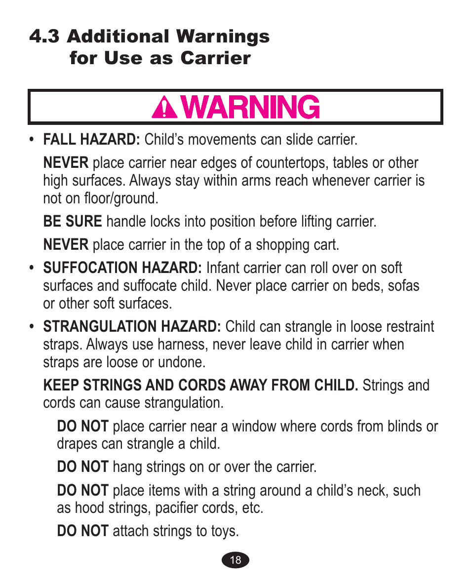 3 additional warnings for use as carrier | Graco 32 User Manual | Page 38 / 100