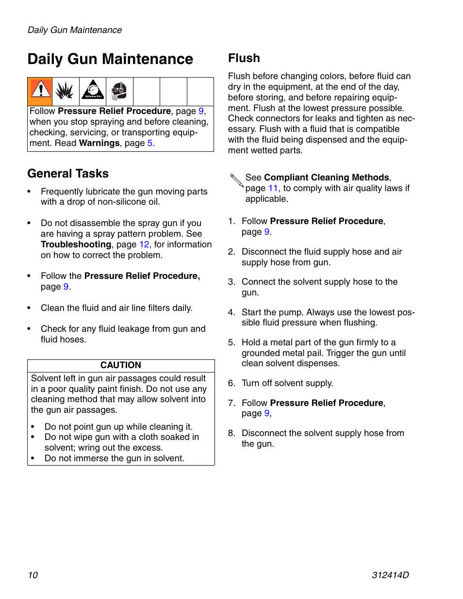 Daily gun maintenance, General tasks, Flush | Graco AIRPRO 312414D User Manual | Page 10 / 24