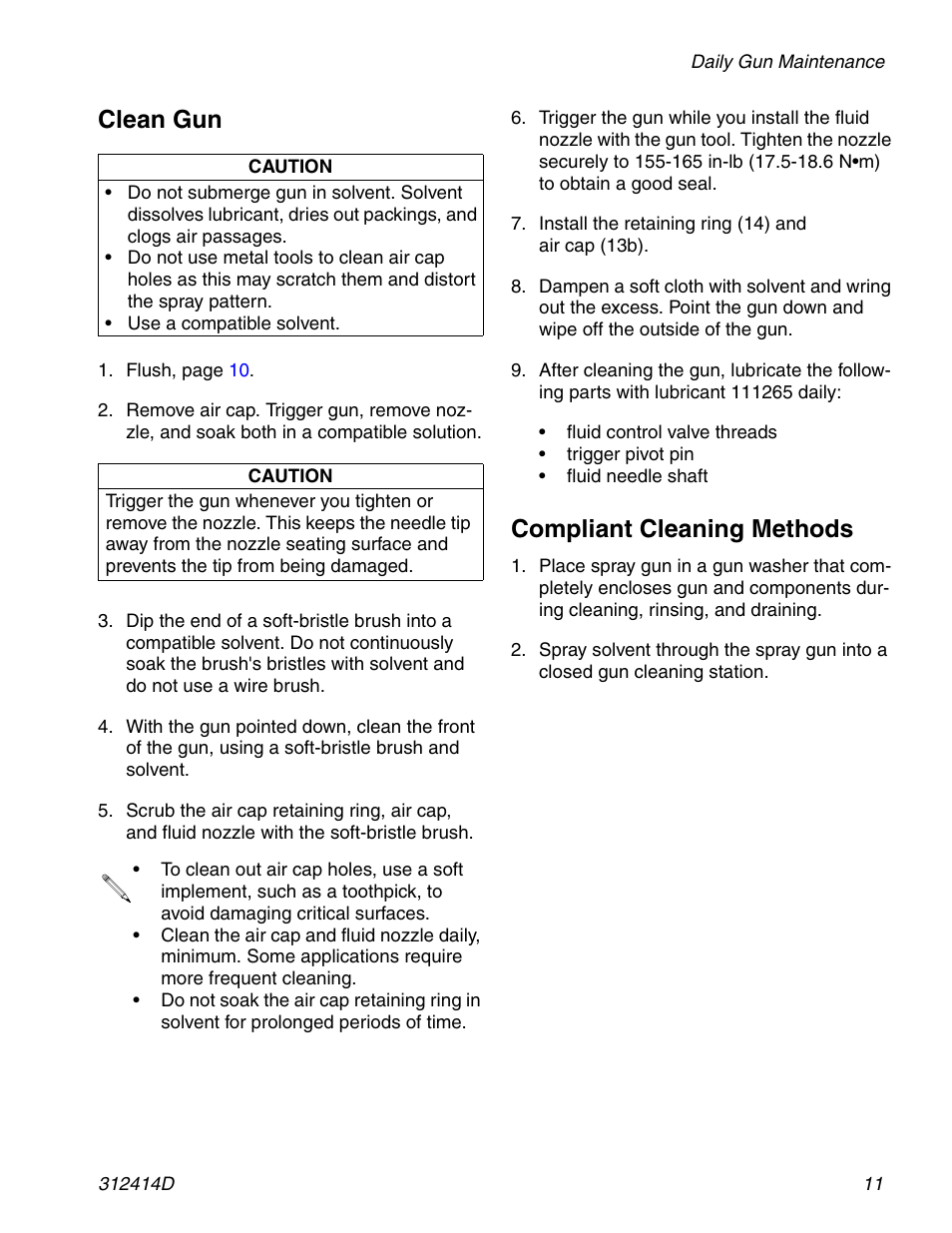 Clean gun, Compliant cleaning methods | Graco AIRPRO 312414D User Manual | Page 11 / 24