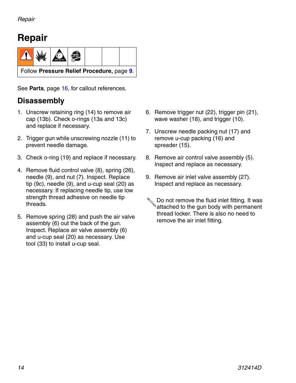 Repair, Disassembly | Graco AIRPRO 312414D User Manual | Page 14 / 24