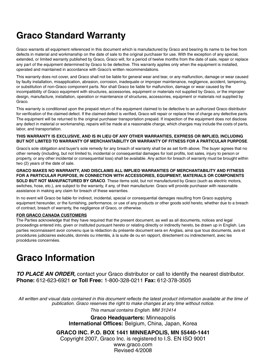 Graco standard warranty, Graco information | Graco AIRPRO 312414D User Manual | Page 24 / 24