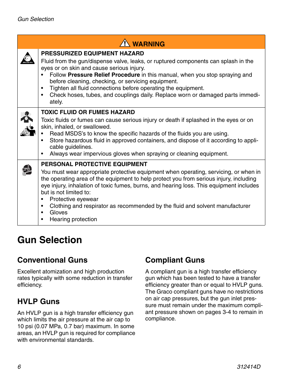 Gun selection, Conventional guns, Hvlp guns | Compliant guns | Graco AIRPRO 312414D User Manual | Page 6 / 24