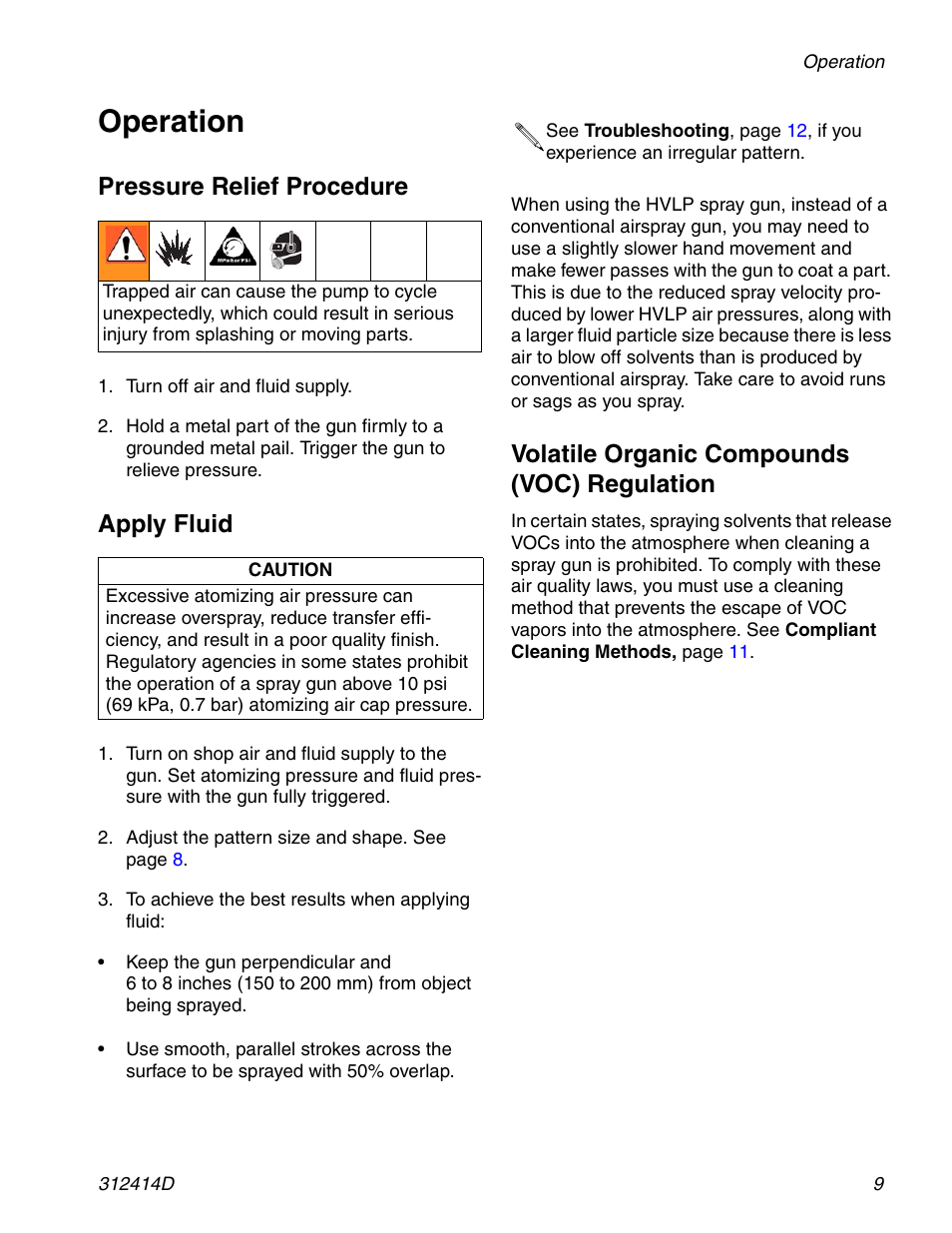 Operation, Pressure relief procedure, Apply fluid | Volatile organic compounds (voc) regulation . 9, Volatile organic compounds (voc) regulation | Graco AIRPRO 312414D User Manual | Page 9 / 24