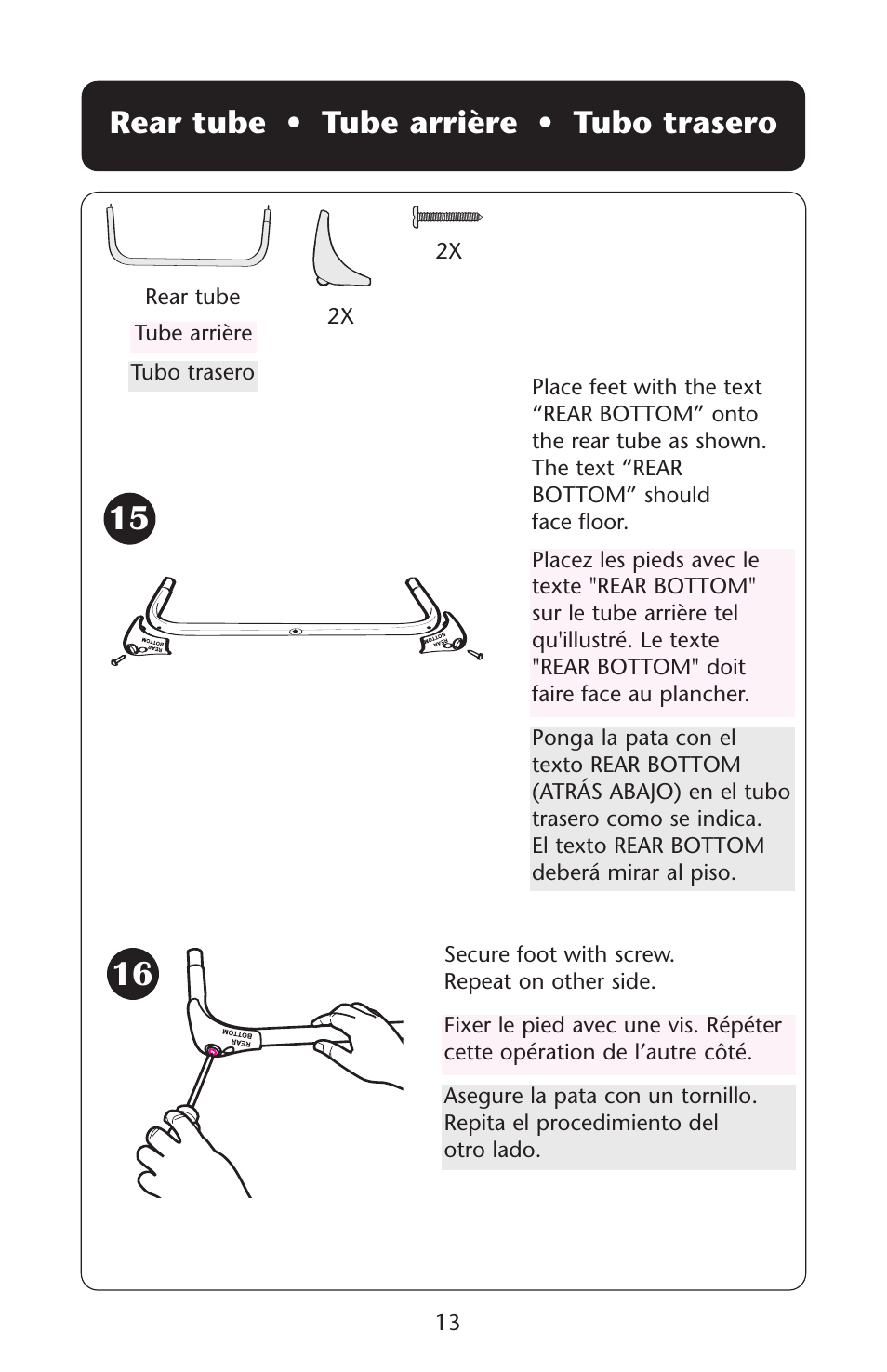 Rear tube • tube arrière • tubo trasero | Graco Baby Einstein ISPS037AB 11/05 User Manual | Page 13 / 44