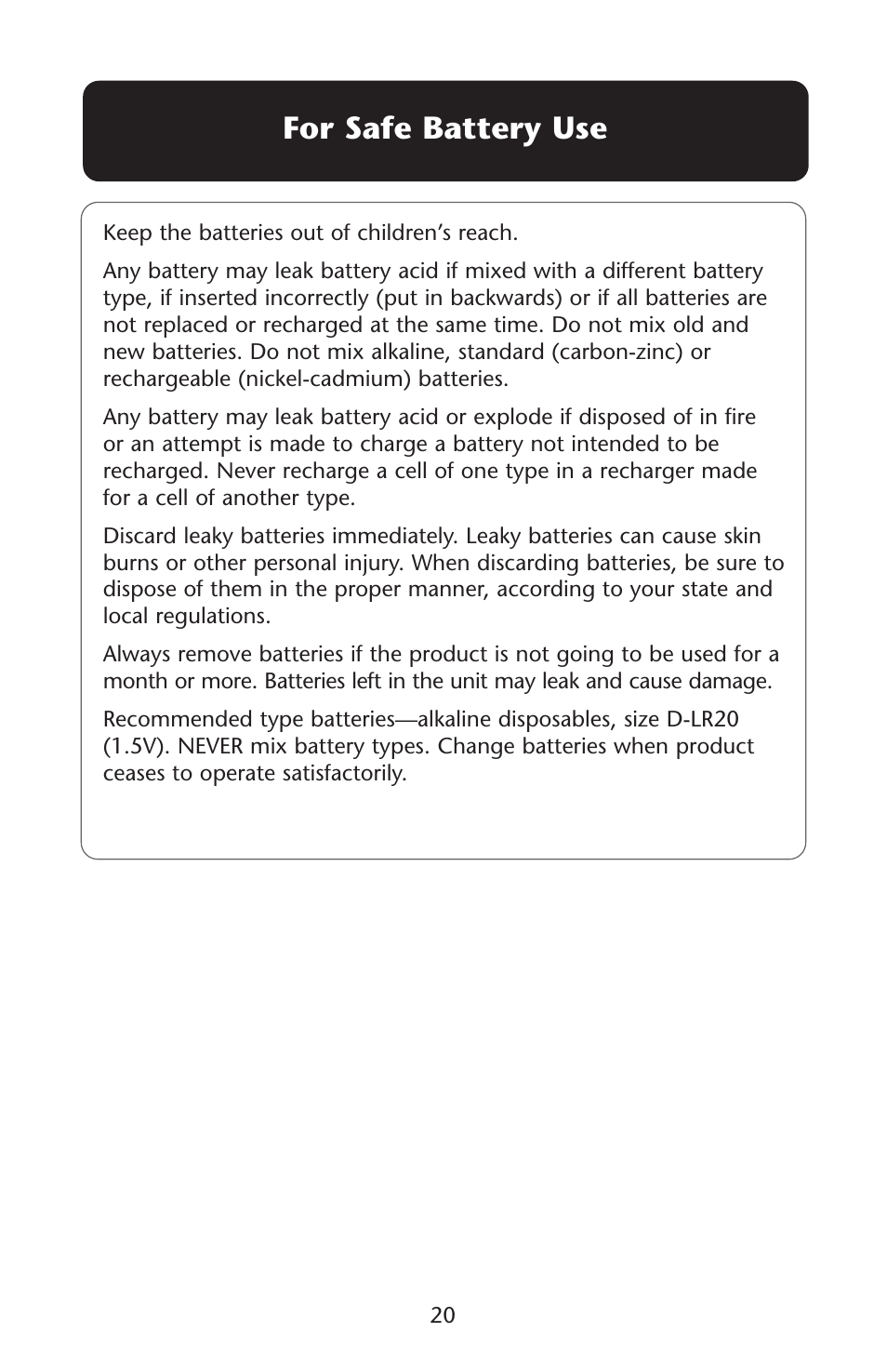 For safe battery use | Graco Baby Einstein ISPS037AB 11/05 User Manual | Page 20 / 44