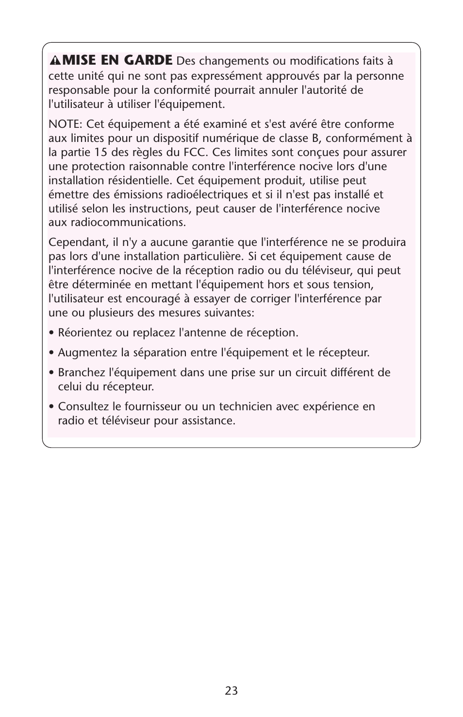 Mise en garde | Graco Baby Einstein ISPS037AB 11/05 User Manual | Page 23 / 44