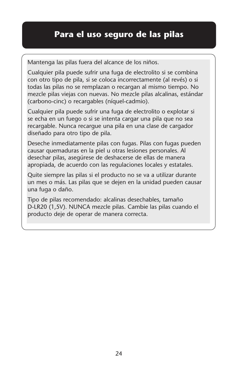 Para el uso seguro de las pilas | Graco Baby Einstein ISPS037AB 11/05 User Manual | Page 24 / 44