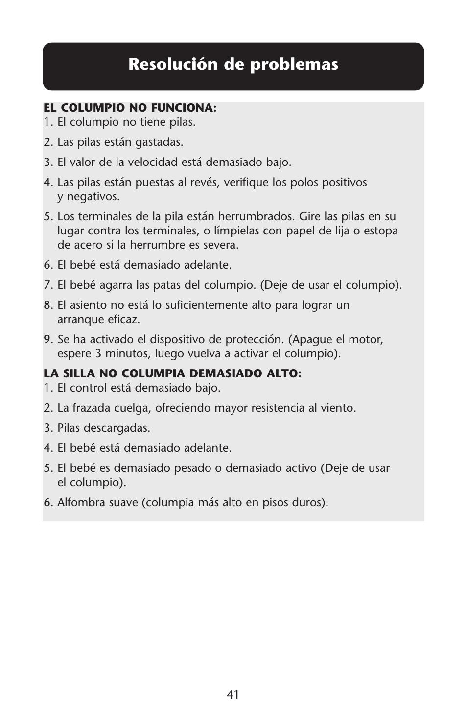Resolución de problemas | Graco Baby Einstein ISPS037AB 11/05 User Manual | Page 41 / 44