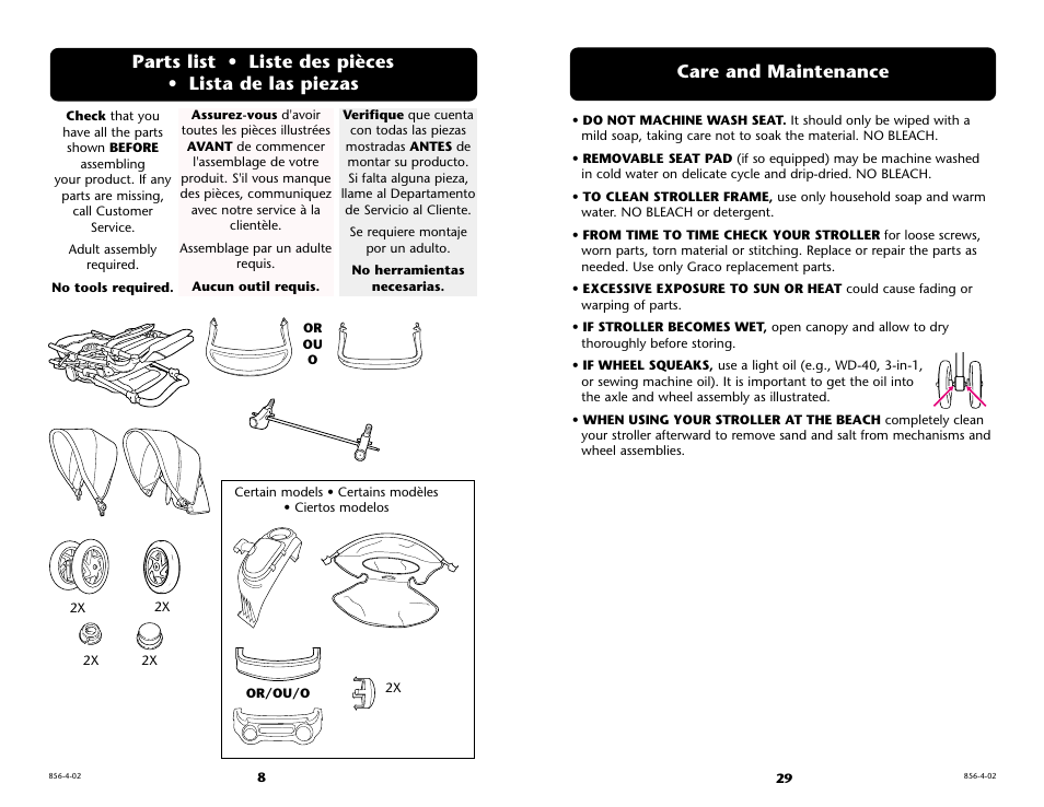 Care and maintenance | Graco 7934 User Manual | Page 29 / 36