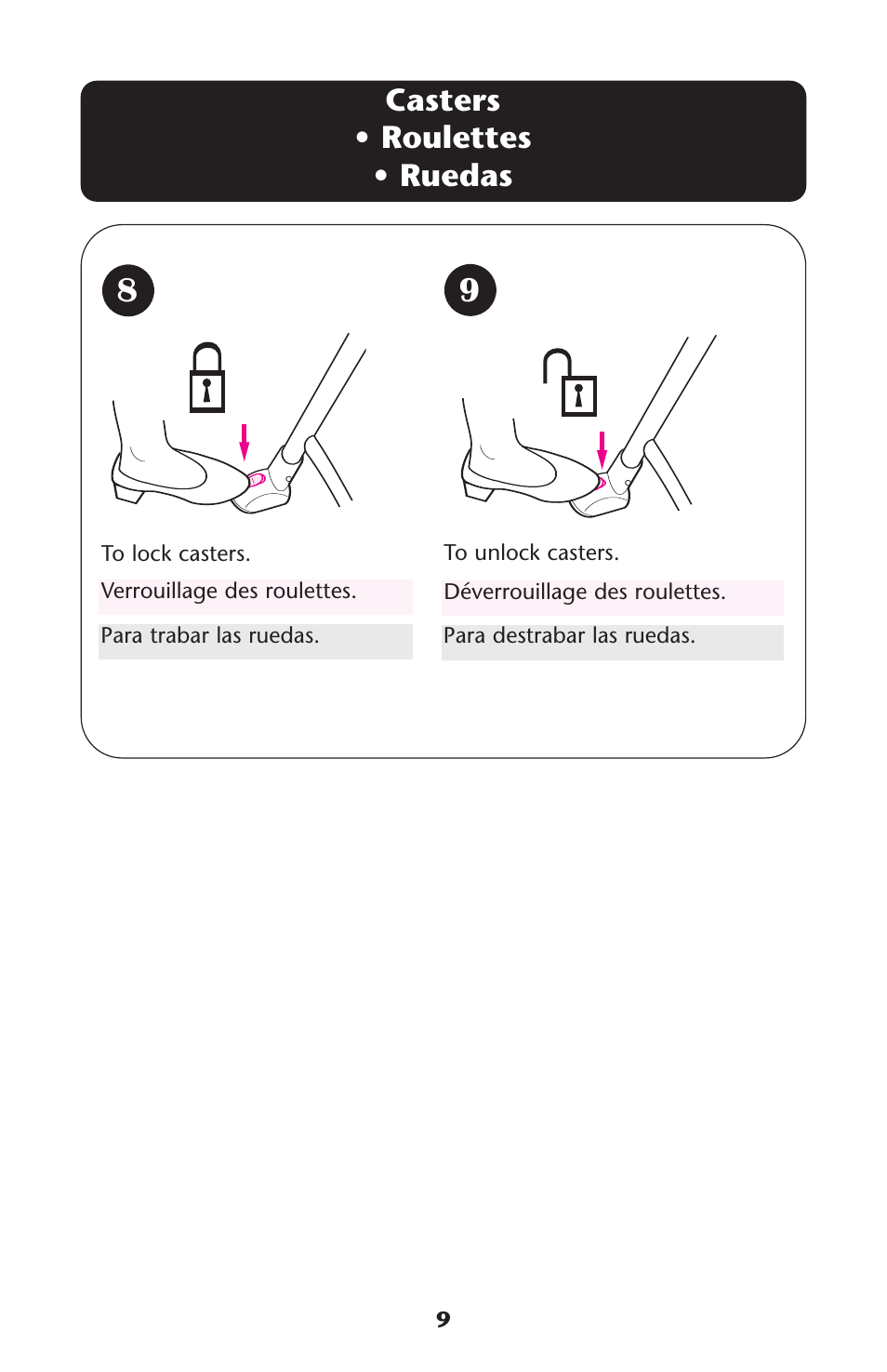 Casters • roulettes • ruedas | Graco CONTEMPO ISPH015AC User Manual | Page 9 / 24