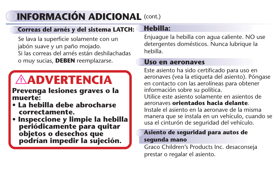 Advertencia, Información adicional | Graco MY RIDE 65 User Manual | Page 103 / 104