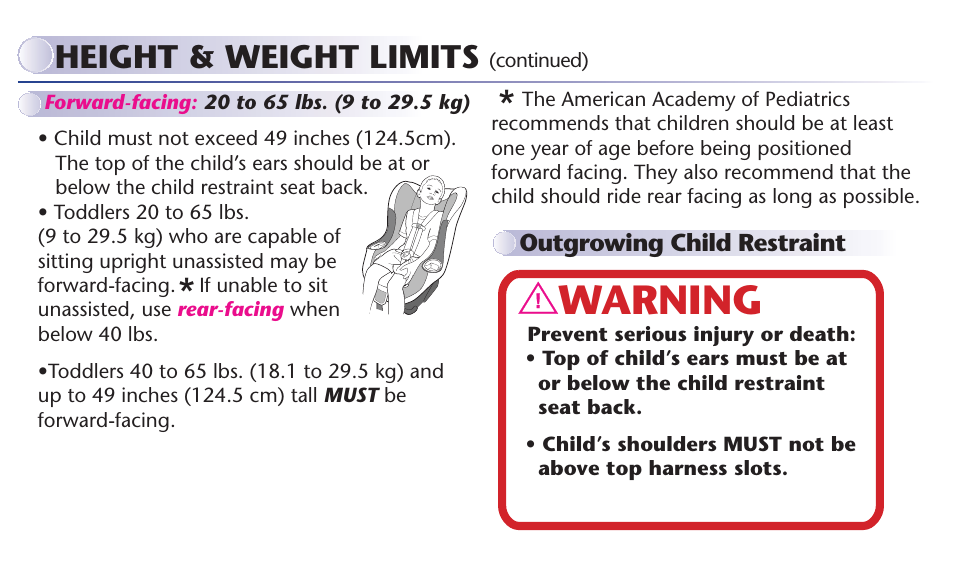 Warning, Height & weight limits | Graco MY RIDE 65 User Manual | Page 14 / 104