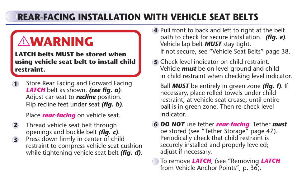 Warning, Rear-facing installation with vehicle seat belts | Graco MY RIDE 65 User Manual | Page 20 / 104