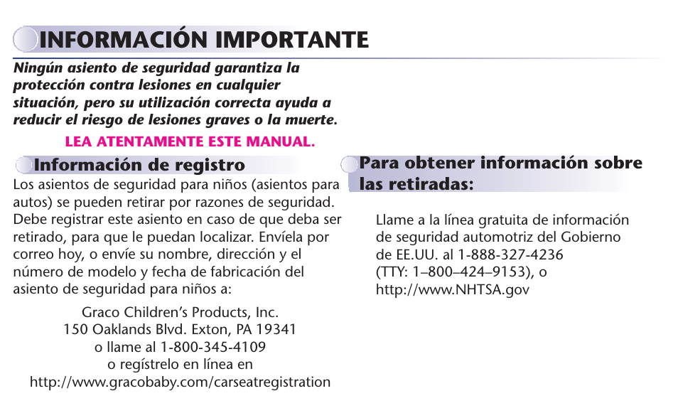 Información importante | Graco MY RIDE 65 User Manual | Page 56 / 104