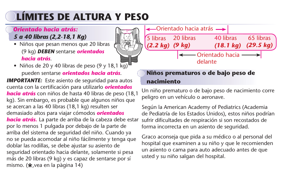 Límites de altura y peso | Graco MY RIDE 65 User Manual | Page 65 / 104