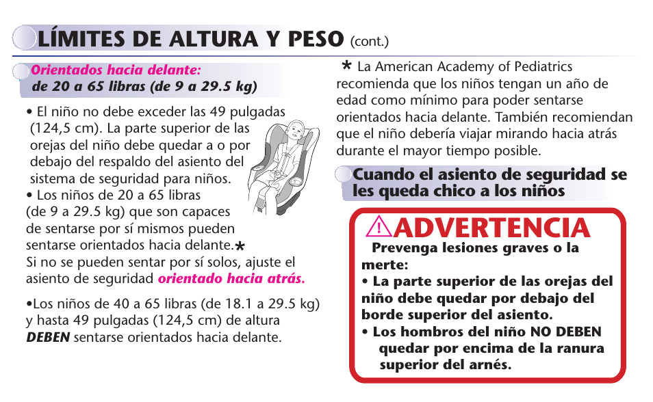 Advertencia, Límites de altura y peso | Graco MY RIDE 65 User Manual | Page 66 / 104