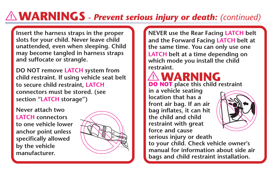 Warnings, Warning, Prevent serious injury or death: (continued) | Graco MY RIDE 65 User Manual | Page 8 / 104